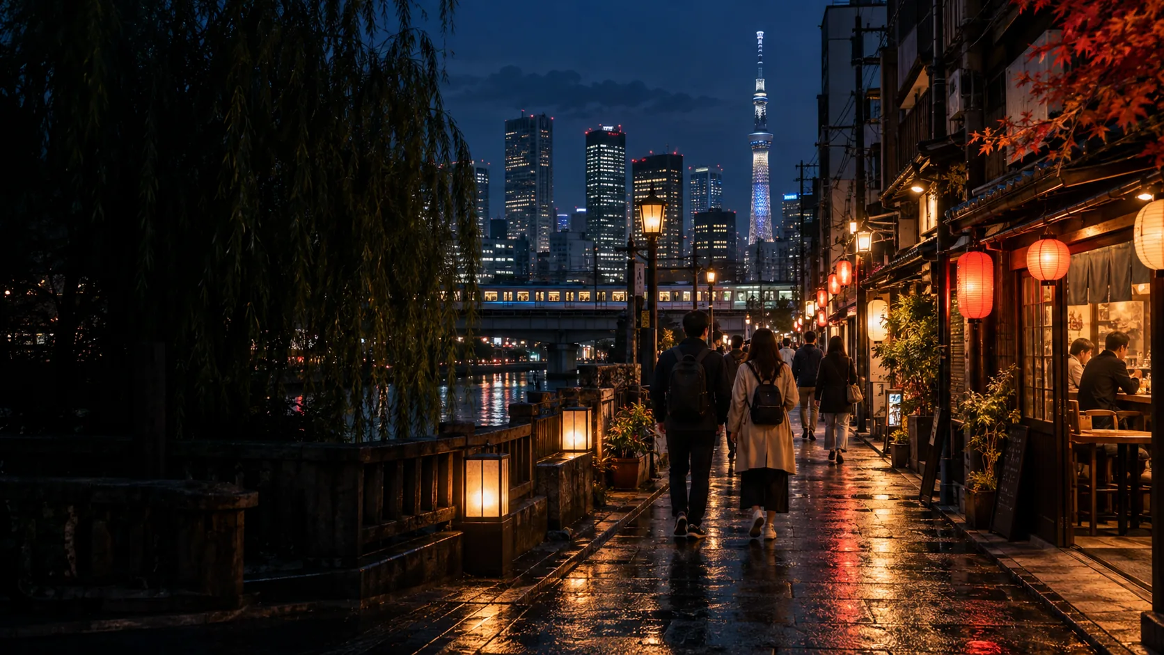 A lantern-lit Tokyo side street at blue hour, with pedestrians walking toward the city lights